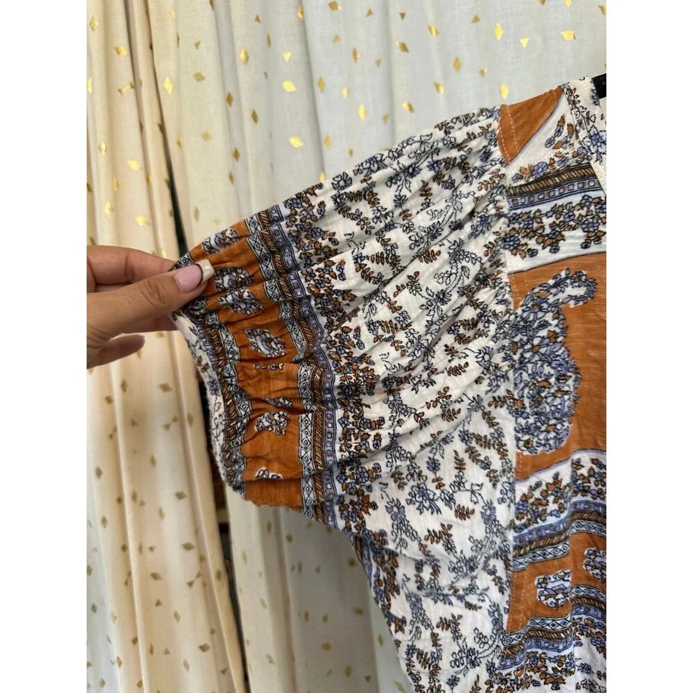 Free People Paisley Puff Sleeve Swing Boxy High Lo Frayed Hem Blouse Top S